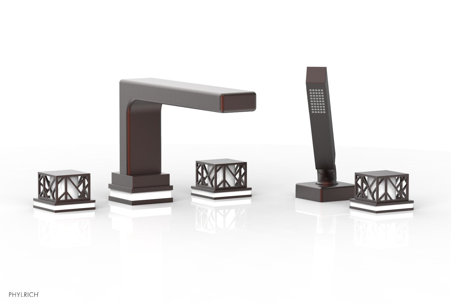 1-3/8" - Weathered Copper - JOLIE Deck Tub Set with Hand Shower - Square Handles with "White" Accents 222-49 by Phylrich - New York Hardware