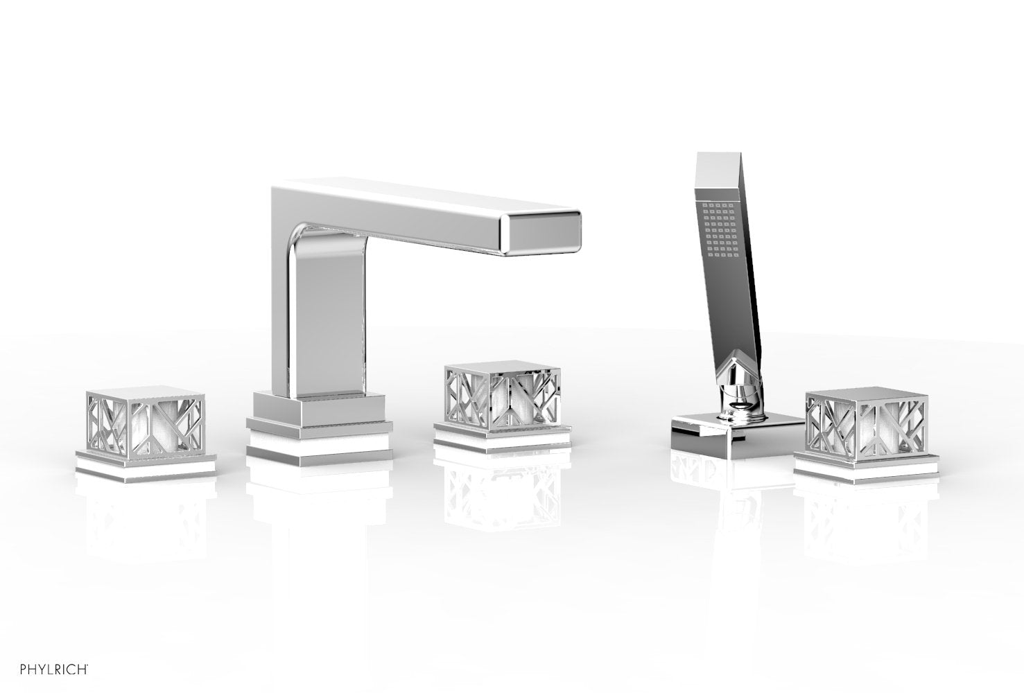 1-3/8" - Satin Brass - JOLIE Deck Tub Set with Hand Shower - Square Handles with "White" Accents 222-49 by Phylrich - New York Hardware