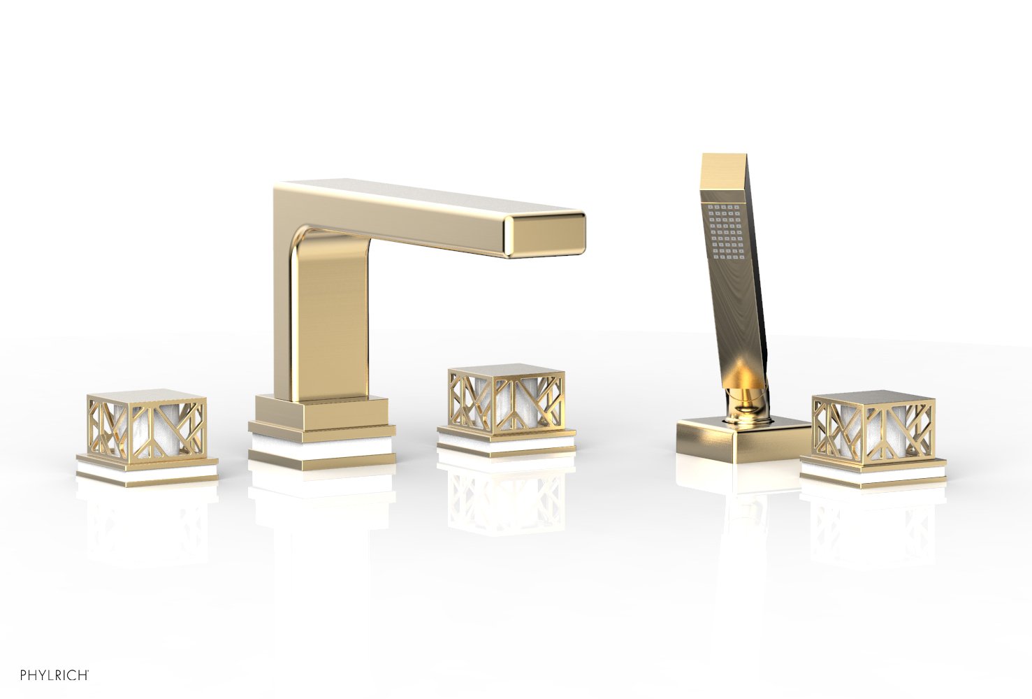 1-3/8" - Polished Nickel - JOLIE Deck Tub Set with Hand Shower - Square Handles with "White" Accents 222-49 by Phylrich - New York Hardware