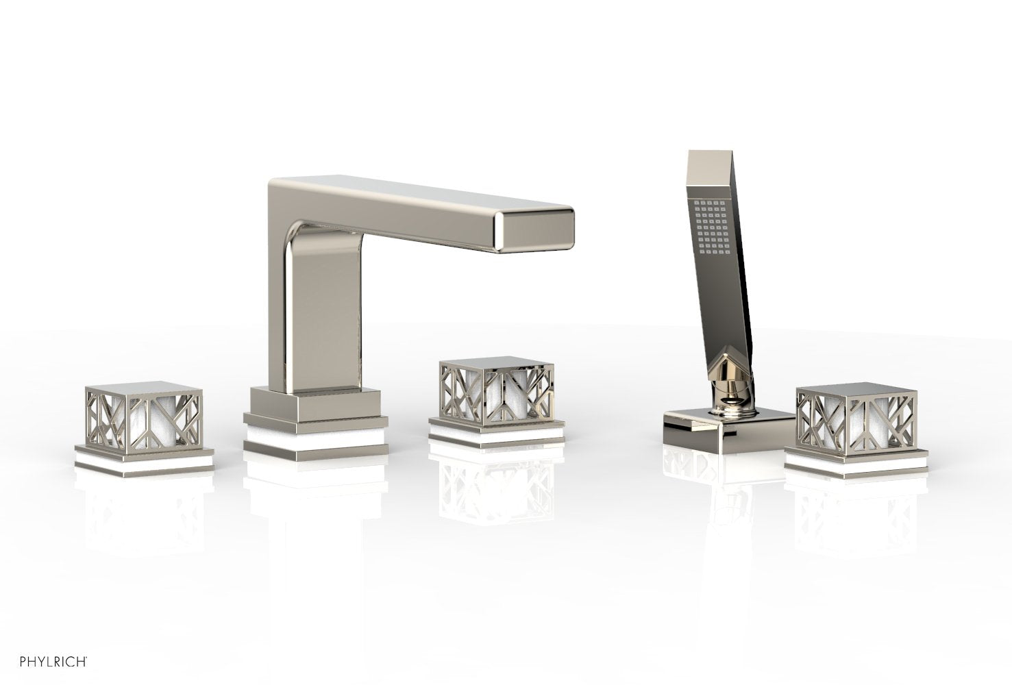 1-3/8" - Polished Chrome - JOLIE Deck Tub Set with Hand Shower - Square Handles with "White" Accents 222-49 by Phylrich - New York Hardware