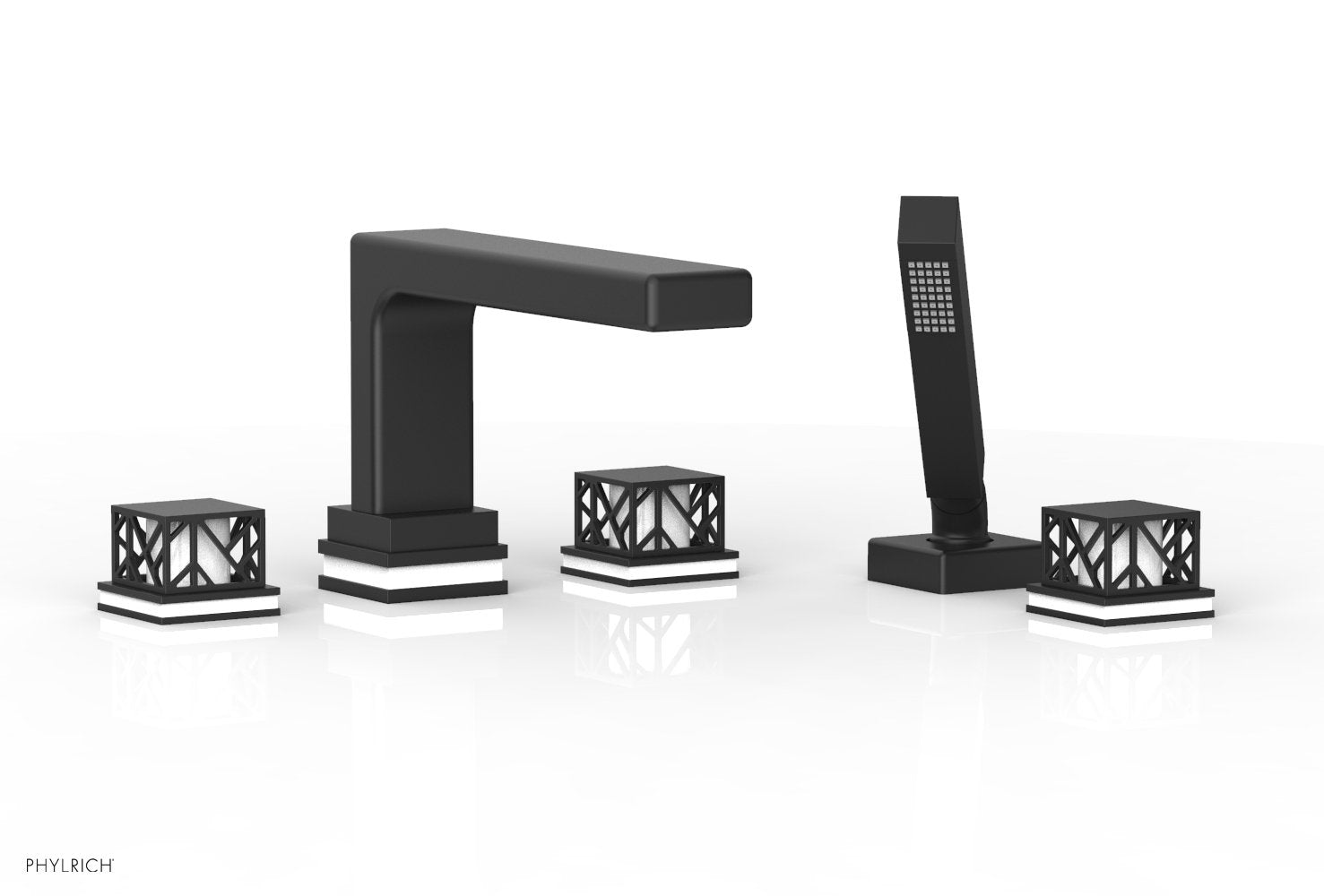 1-3/8" - Matte Black - JOLIE Deck Tub Set with Hand Shower - Square Handles with "White" Accents 222-49 by Phylrich - New York Hardware