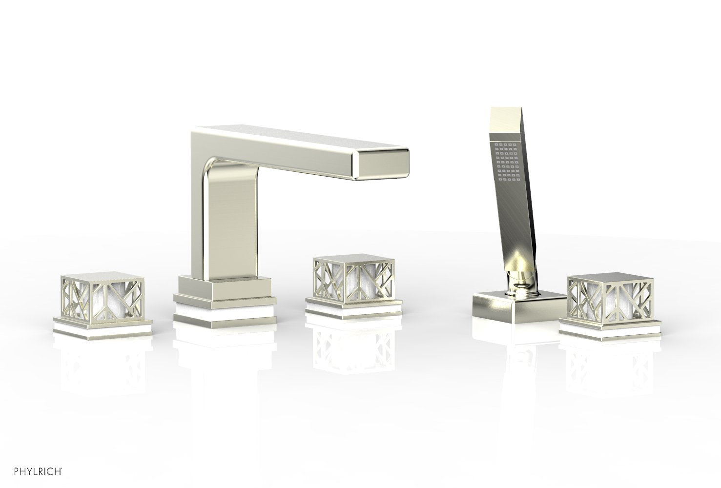 1-3/8" - Satin Nickel - JOLIE Deck Tub Set with Hand Shower - Square Handles with "White" Accents 222-49 by Phylrich - New York Hardware