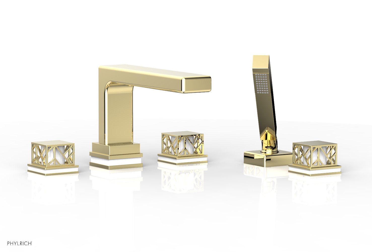 1-3/8" - Polished Brass - JOLIE Deck Tub Set with Hand Shower - Square Handles with "White" Accents 222-49 by Phylrich - New York Hardware