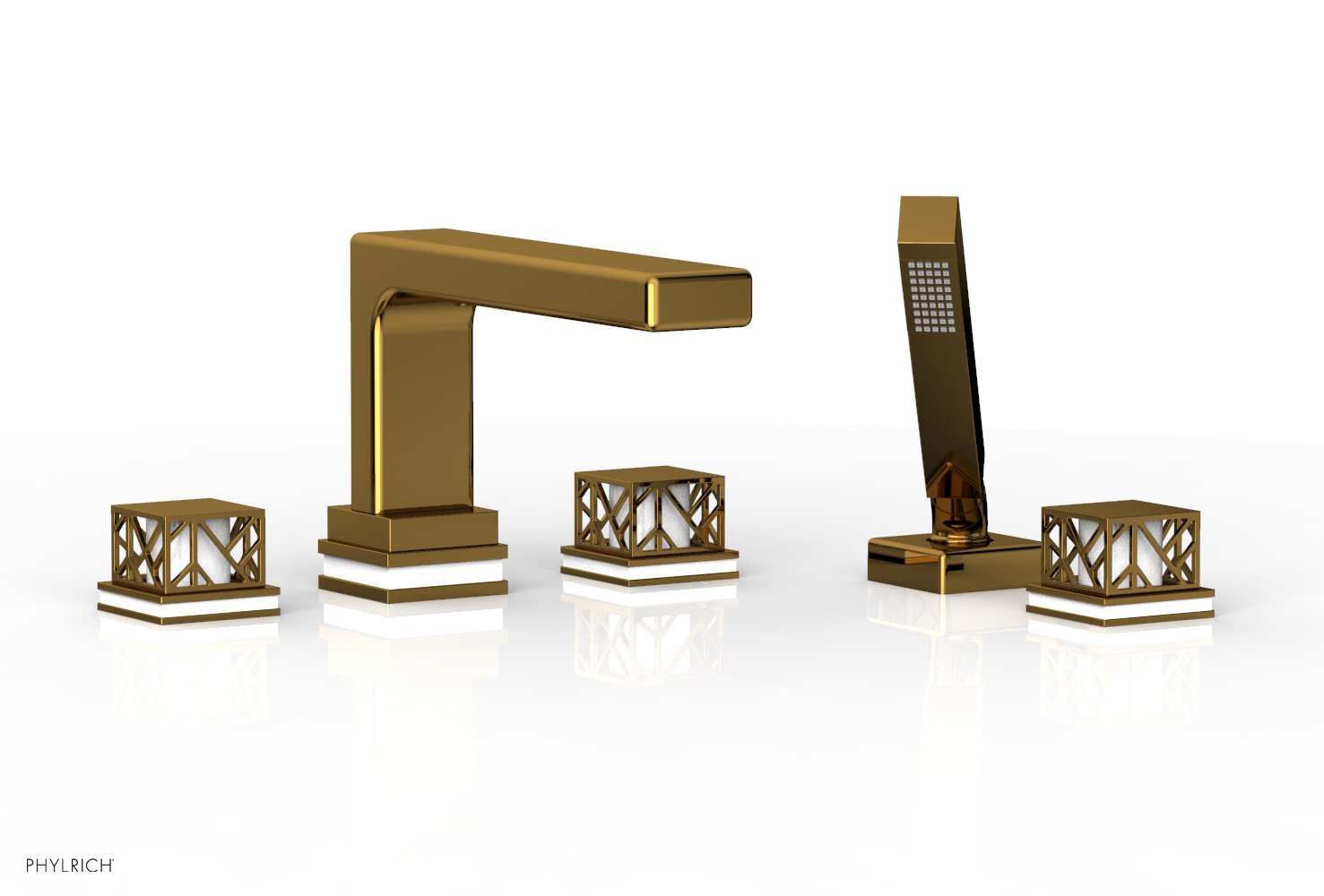 1-3/8" - French Brass - JOLIE Deck Tub Set with Hand Shower - Square Handles with "White" Accents 222-49 by Phylrich - New York Hardware