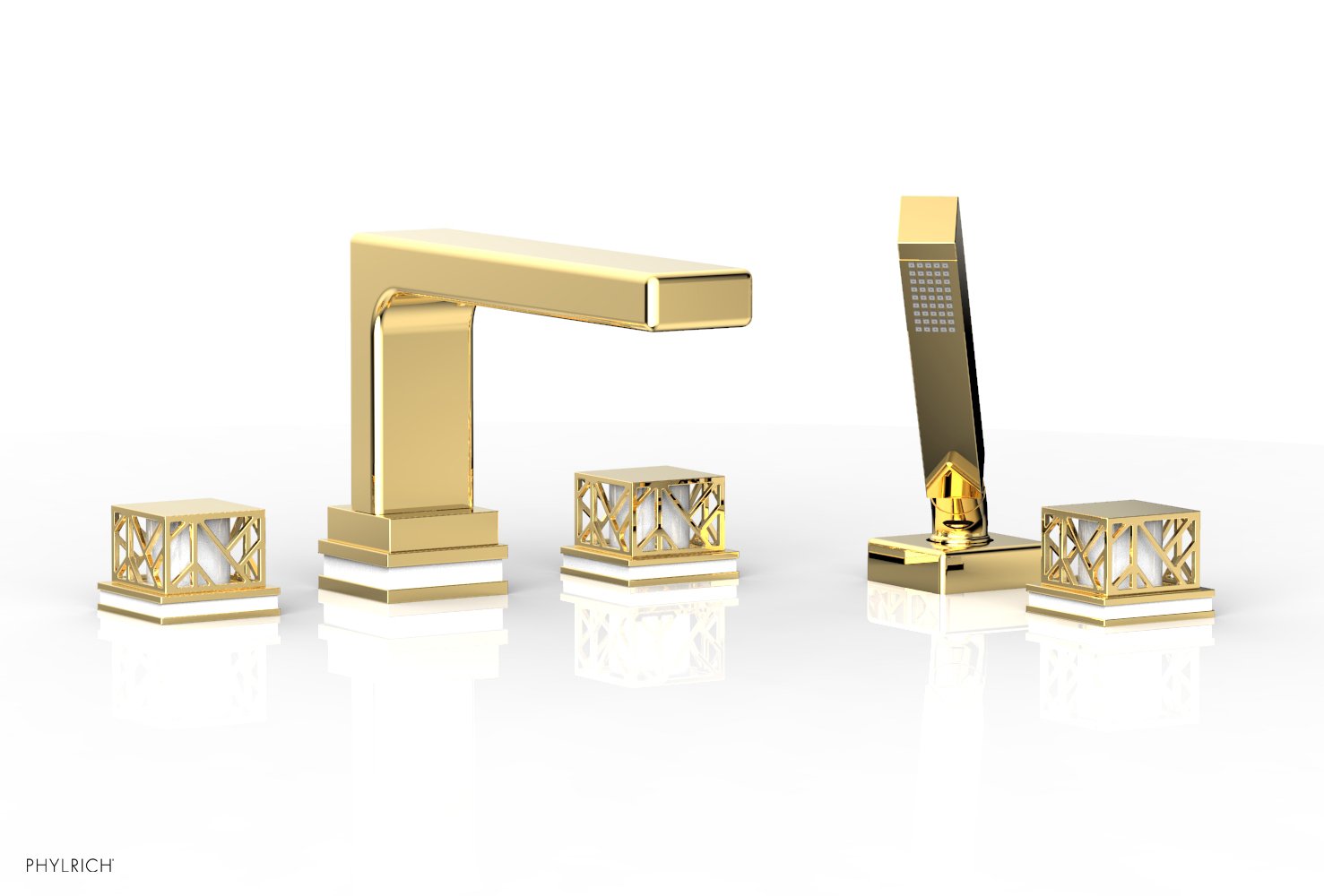 1-3/8" - Polished Gold - JOLIE Deck Tub Set with Hand Shower - Square Handles with "White" Accents 222-49 by Phylrich - New York Hardware