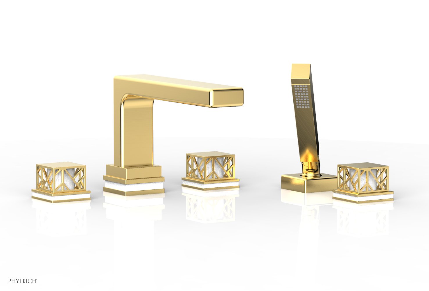 1-3/8" - Satin Gold - JOLIE Deck Tub Set with Hand Shower - Square Handles with "White" Accents 222-49 by Phylrich - New York Hardware