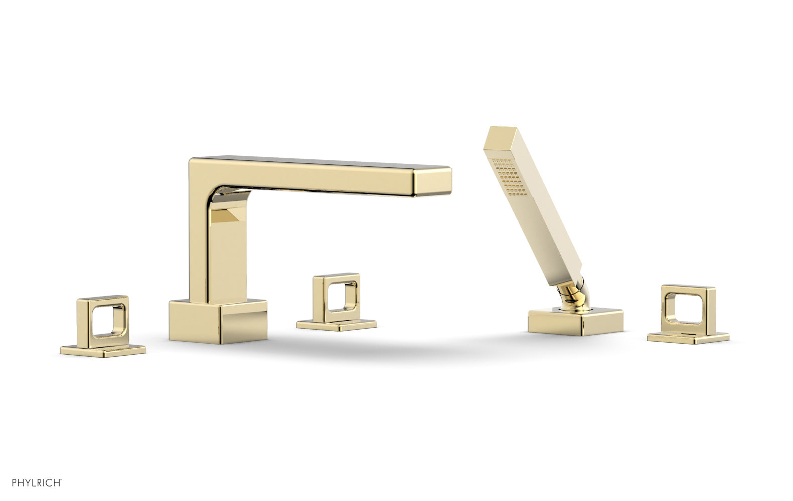 6-3/8" - Polished Brass Uncoated - MIX Deck Tub Set with Hand Shower - Ring Handles 290-50 by Phylrich - New York Hardware