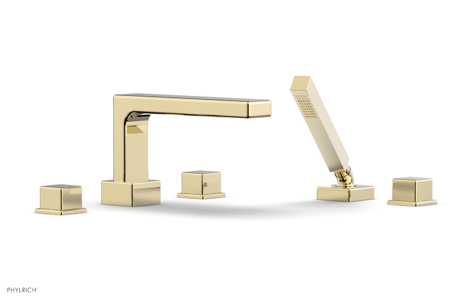 6-3/8" - Polished Brass Uncoated - MIX Deck Tub Set with Hand Shower - Cube Handles 290-51 by Phylrich - New York Hardware