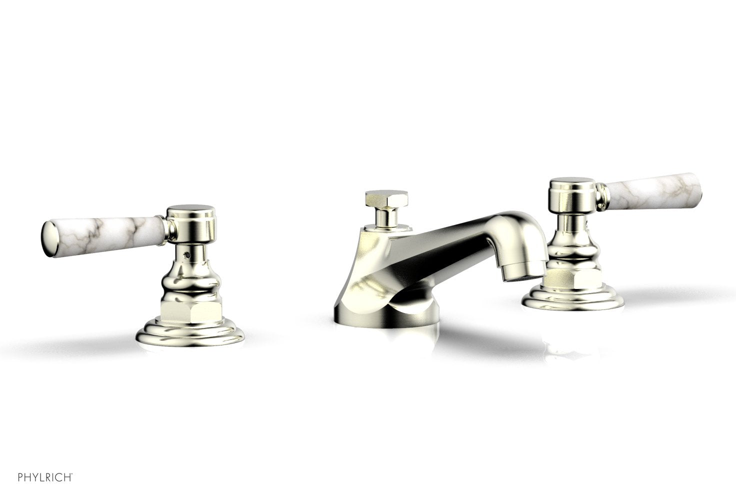 3" - Polished Brass - HEX TRADITIONAL Widespread Faucet - White Marble Lever Handles 500-03 by Phylrich - New York Hardware