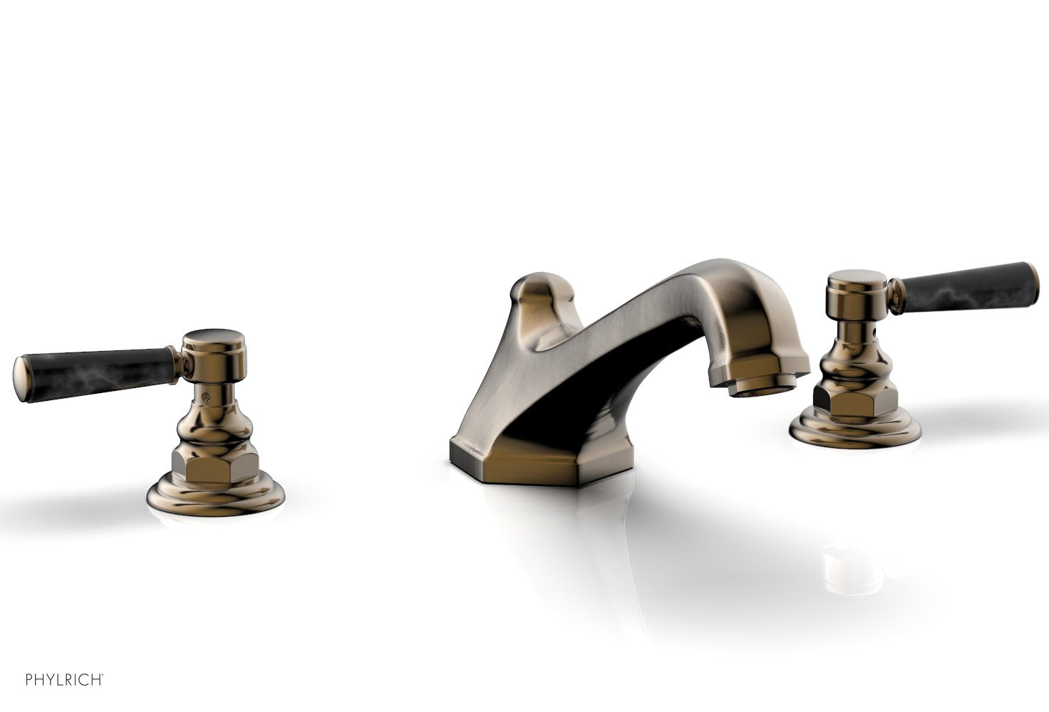 5-3/8" - Antique Brass - HEX TRADITIONAL Deck Tub Set - Black Marble Lever Handles 500-42 by Phylrich - New York Hardware