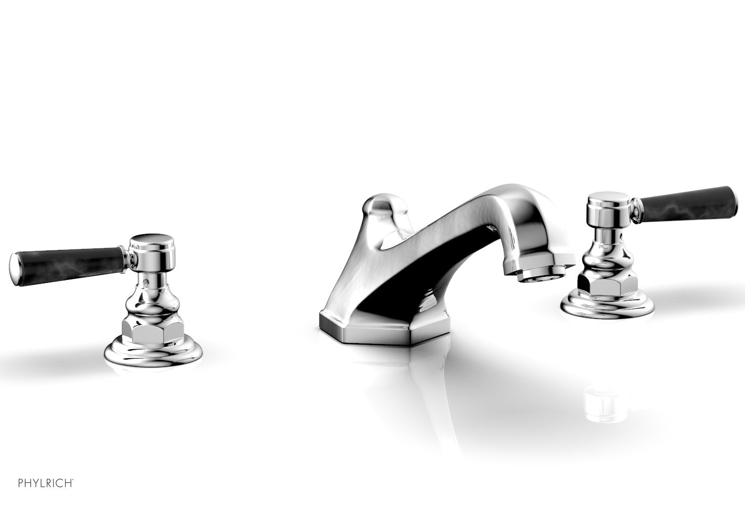 5-3/8" - Satin Brass - HEX TRADITIONAL Deck Tub Set - Black Marble Lever Handles 500-42 by Phylrich - New York Hardware