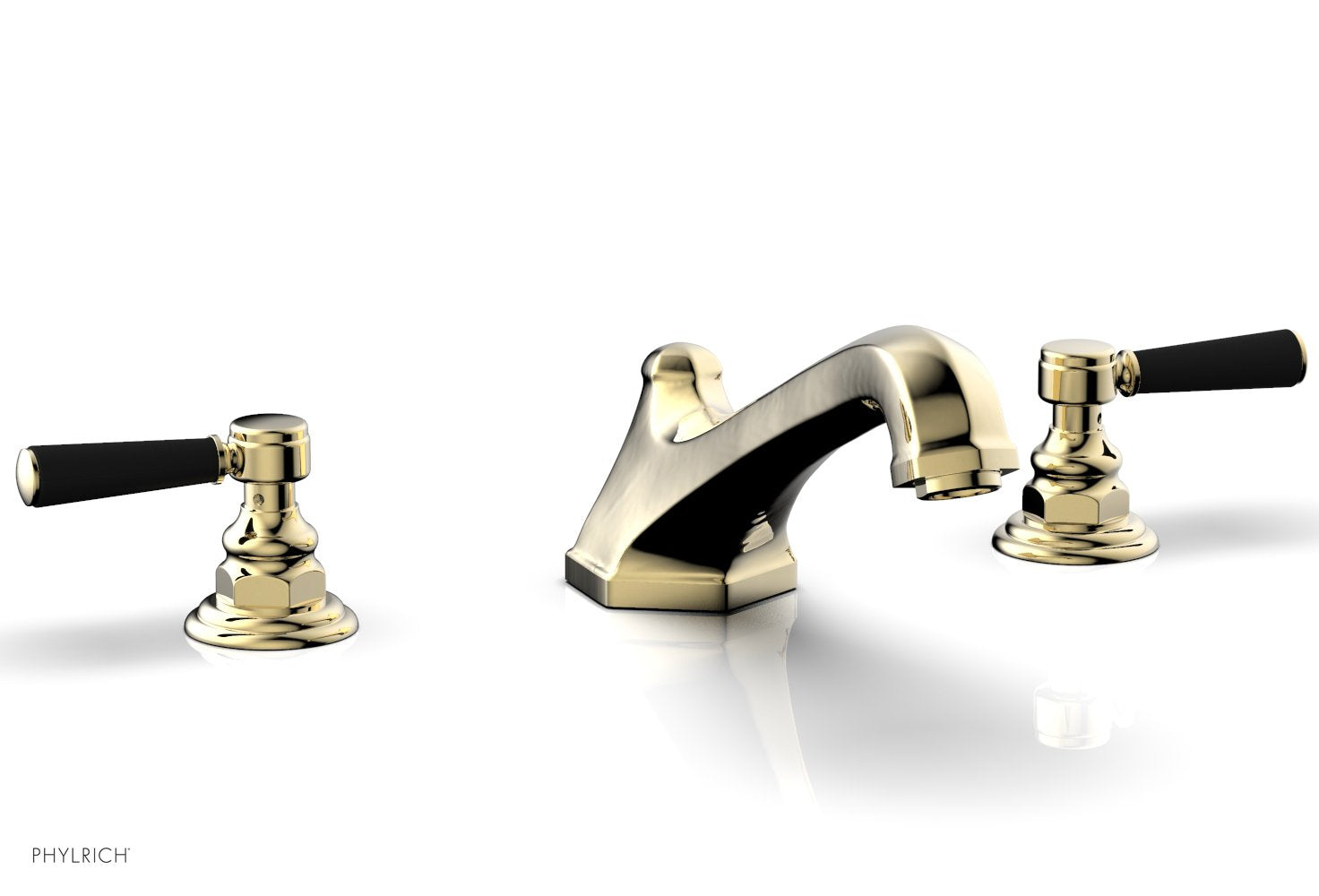 5-3/8" - Polished Brass Uncoated - HEX TRADITIONAL Deck Tub Set - Satin Black Lever Handles 500-41 by Phylrich - New York Hardware