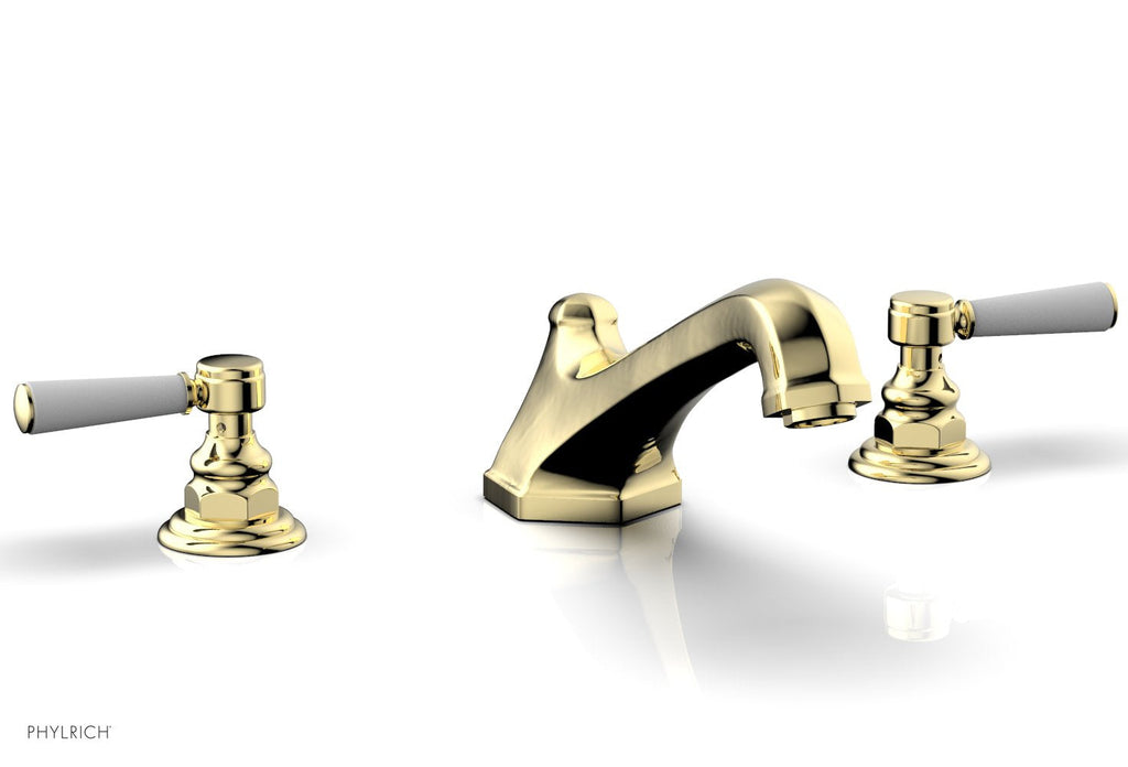 5-3/8" - French Brass - HEX TRADITIONAL Deck Tub Set - Satin White Lever Handles 500-41 by Phylrich - New York Hardware