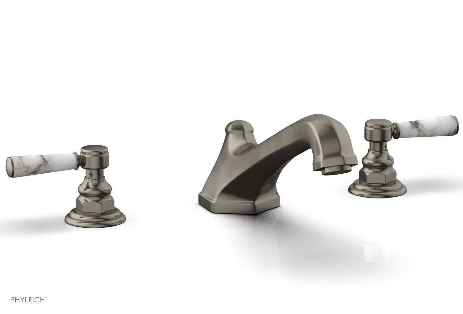 5-3/8" - Pewter - HEX TRADITIONAL Deck Tub Set - White Marble Lever Handles 500-42 by Phylrich - New York Hardware