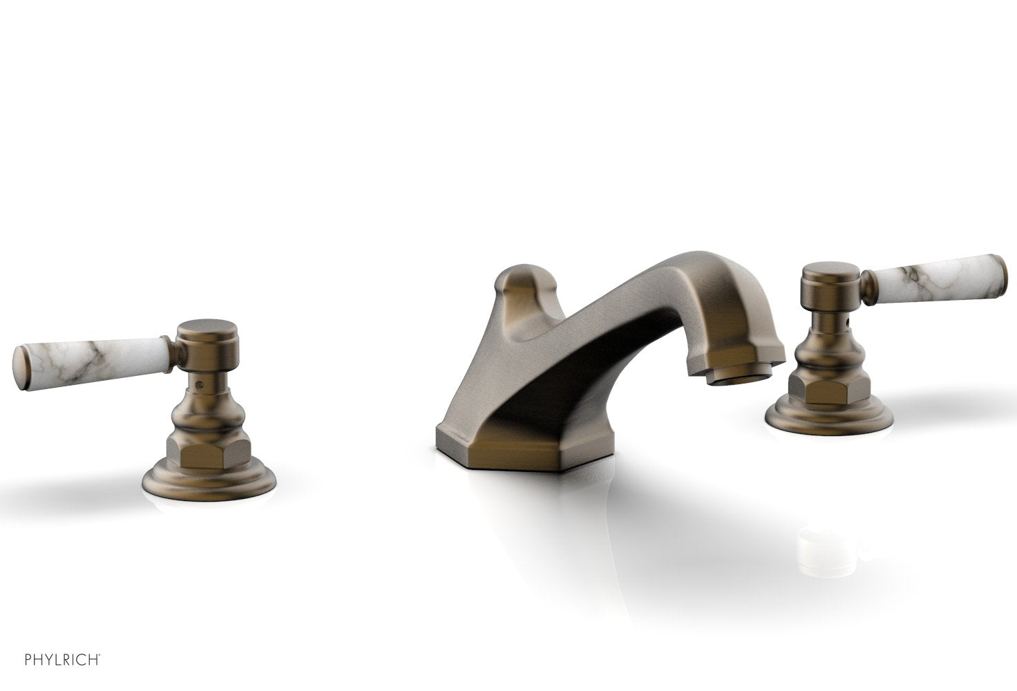 5-3/8" - Old English Brass - HEX TRADITIONAL Deck Tub Set - White Marble Lever Handles 500-42 by Phylrich - New York Hardware