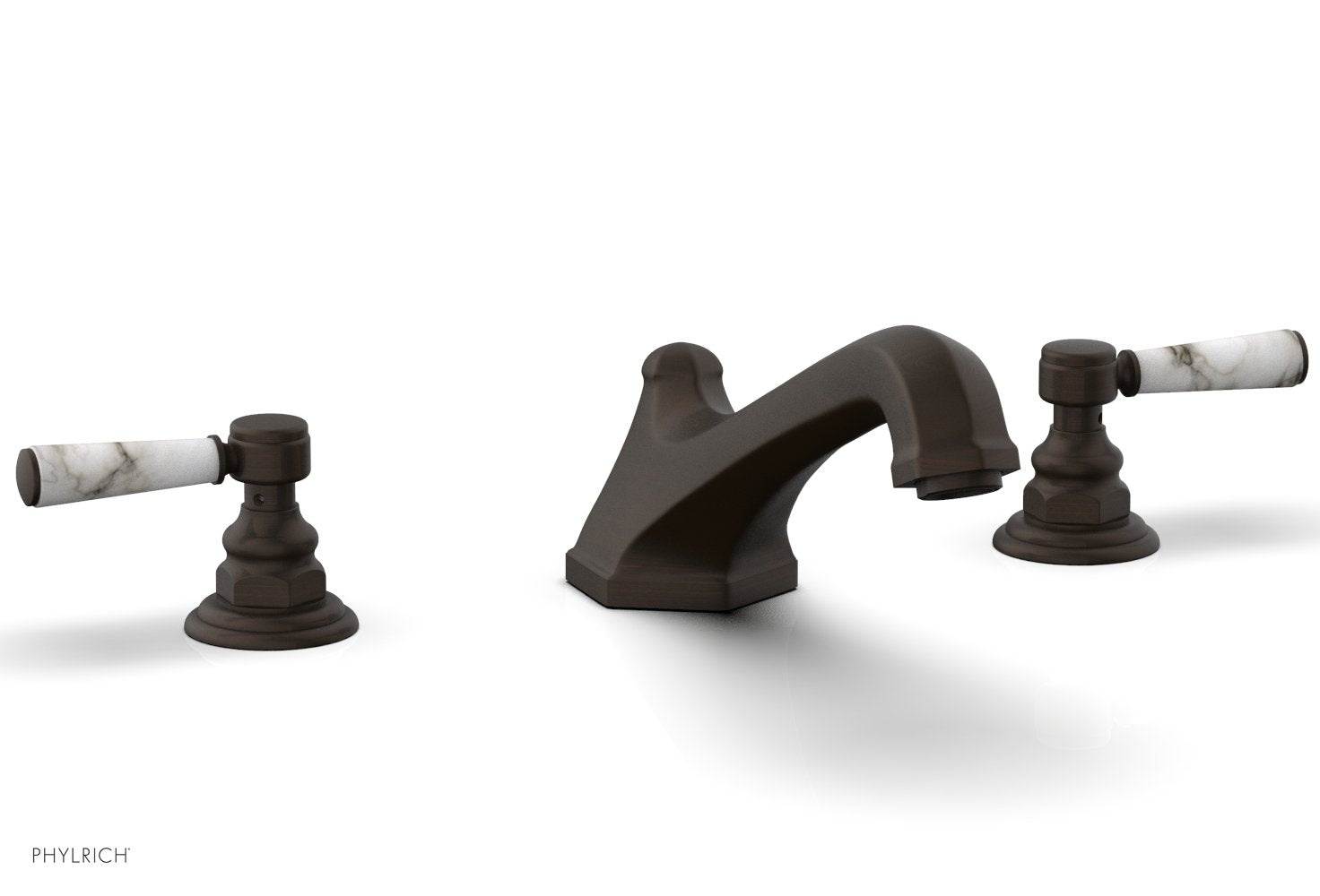 5-3/8" - Antique Bronze - HEX TRADITIONAL Deck Tub Set - White Marble Lever Handles 500-42 by Phylrich - New York Hardware