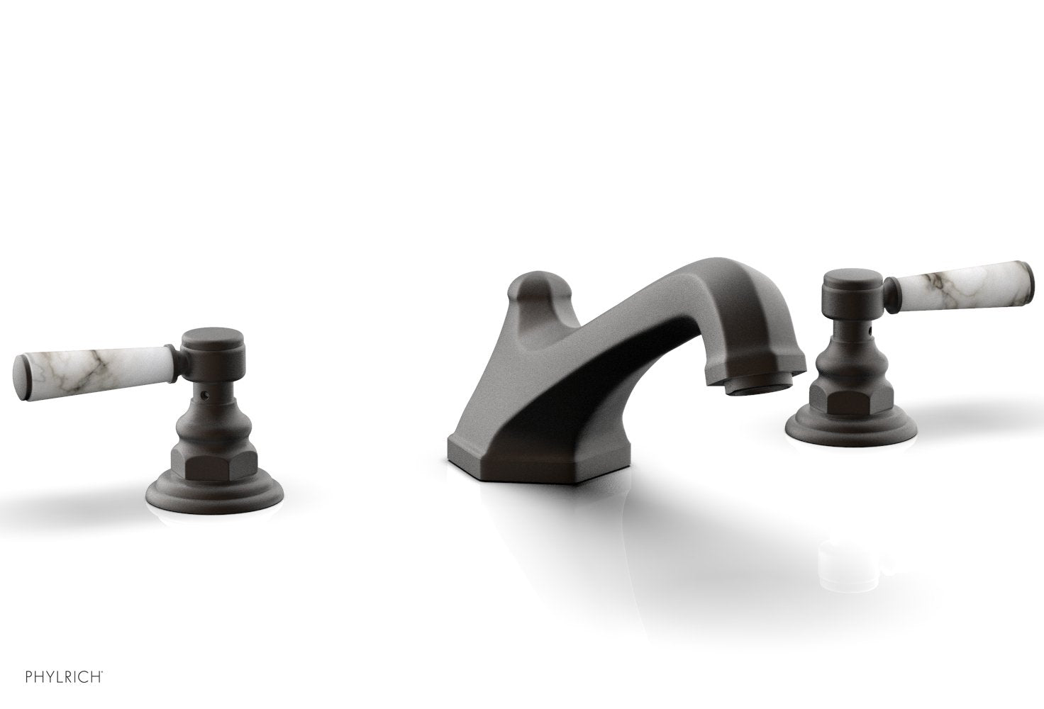 5-3/8" - Oil Rubbed Bronze - HEX TRADITIONAL Deck Tub Set - White Marble Lever Handles 500-42 by Phylrich - New York Hardware