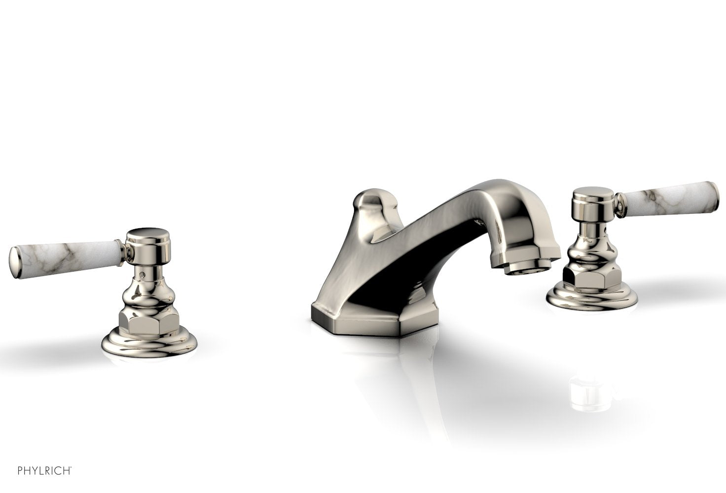 5-3/8" - Matte Black - HEX TRADITIONAL Deck Tub Set - White Marble Lever Handles 500-42 by Phylrich - New York Hardware