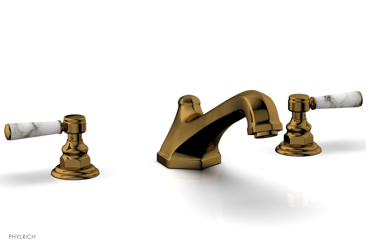5-3/8" - Polished Gold - HEX TRADITIONAL Deck Tub Set - White Marble Lever Handles 500-42 by Phylrich - New York Hardware