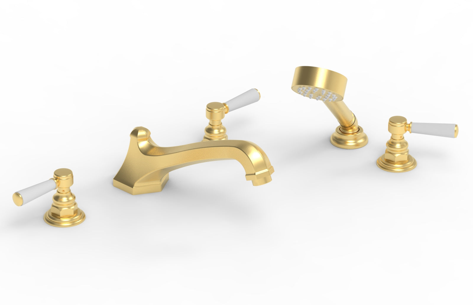 5-1/2" - Burnished Gold - HEX TRADITIONAL Deck Tub Set with Hand Shower - Satin White Lever Handles 500-49 by Phylrich - New York Hardware