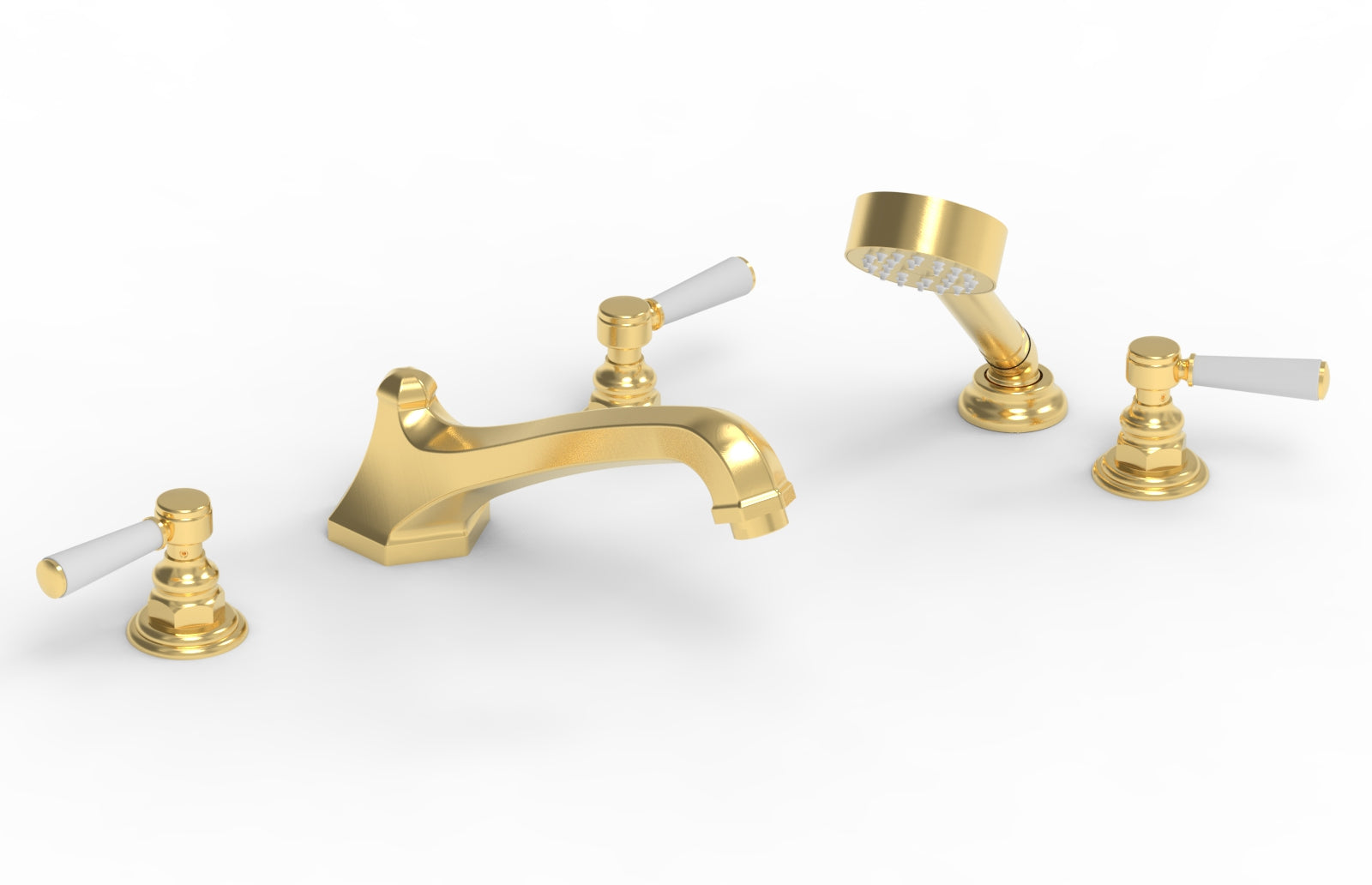 5-1/2" - Satin Gold - HEX TRADITIONAL Deck Tub Set with Hand Shower - Satin White Lever Handles 500-49 by Phylrich - New York Hardware