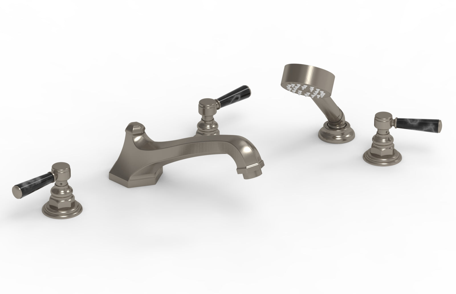 5-1/2" - Pewter - HEX TRADITIONAL Deck Tub Set with Hand Shower - Black Marble Lever Handles 500-50 by Phylrich - New York Hardware