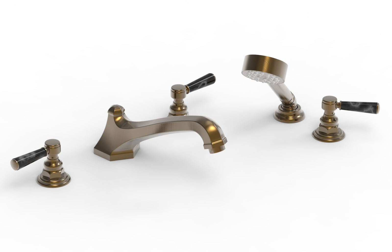 5-1/2" - Antique Brass - HEX TRADITIONAL Deck Tub Set with Hand Shower - Black Marble Lever Handles 500-50 by Phylrich - New York Hardware