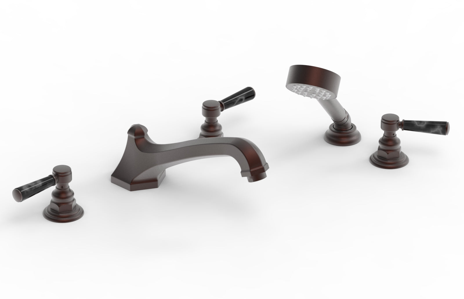 5-1/2" - Weathered Copper - HEX TRADITIONAL Deck Tub Set with Hand Shower - Black Marble Lever Handles 500-50 by Phylrich - New York Hardware