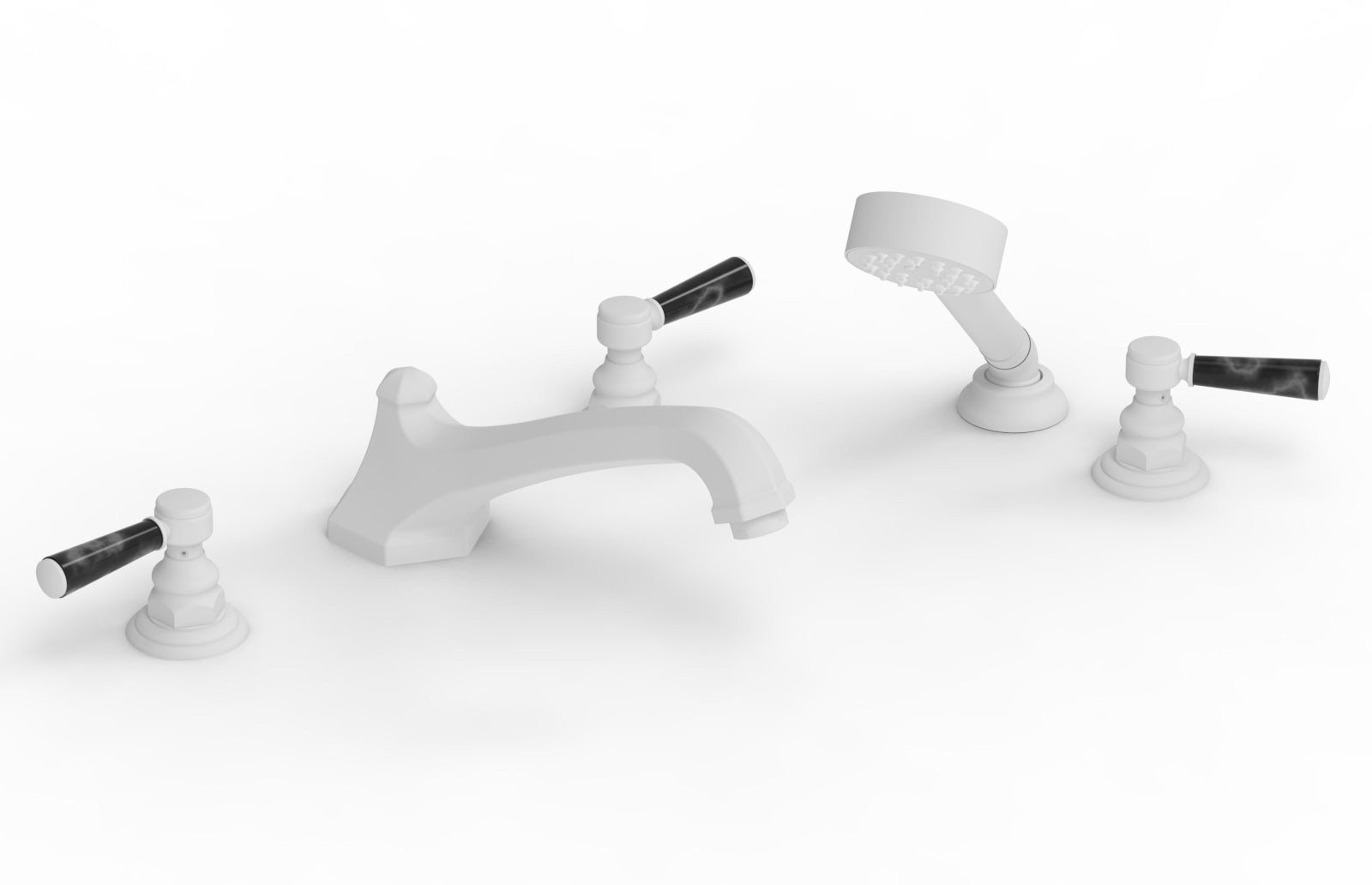 5-1/2" - Satin White - HEX TRADITIONAL Deck Tub Set with Hand Shower - Black Marble Lever Handles 500-50 by Phylrich - New York Hardware