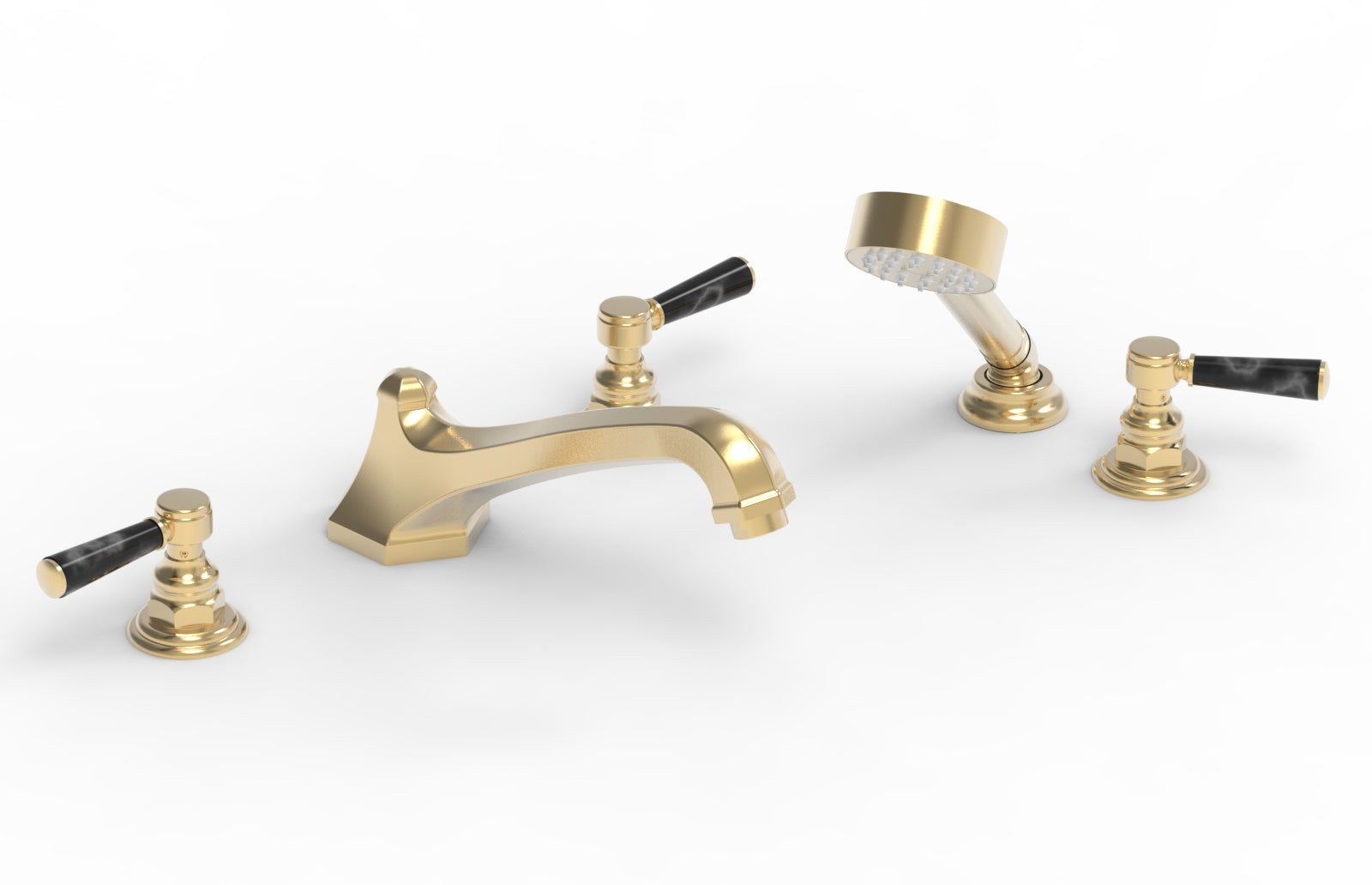 5-1/2" - Satin Brass - HEX TRADITIONAL Deck Tub Set with Hand Shower - Black Marble Lever Handles 500-50 by Phylrich - New York Hardware