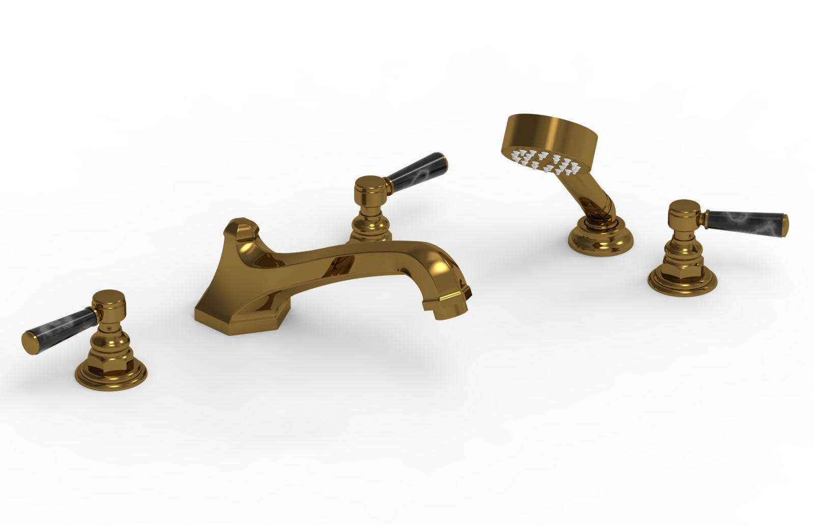 5-1/2" - French Brass - HEX TRADITIONAL Deck Tub Set with Hand Shower - Black Marble Lever Handles 500-50 by Phylrich - New York Hardware