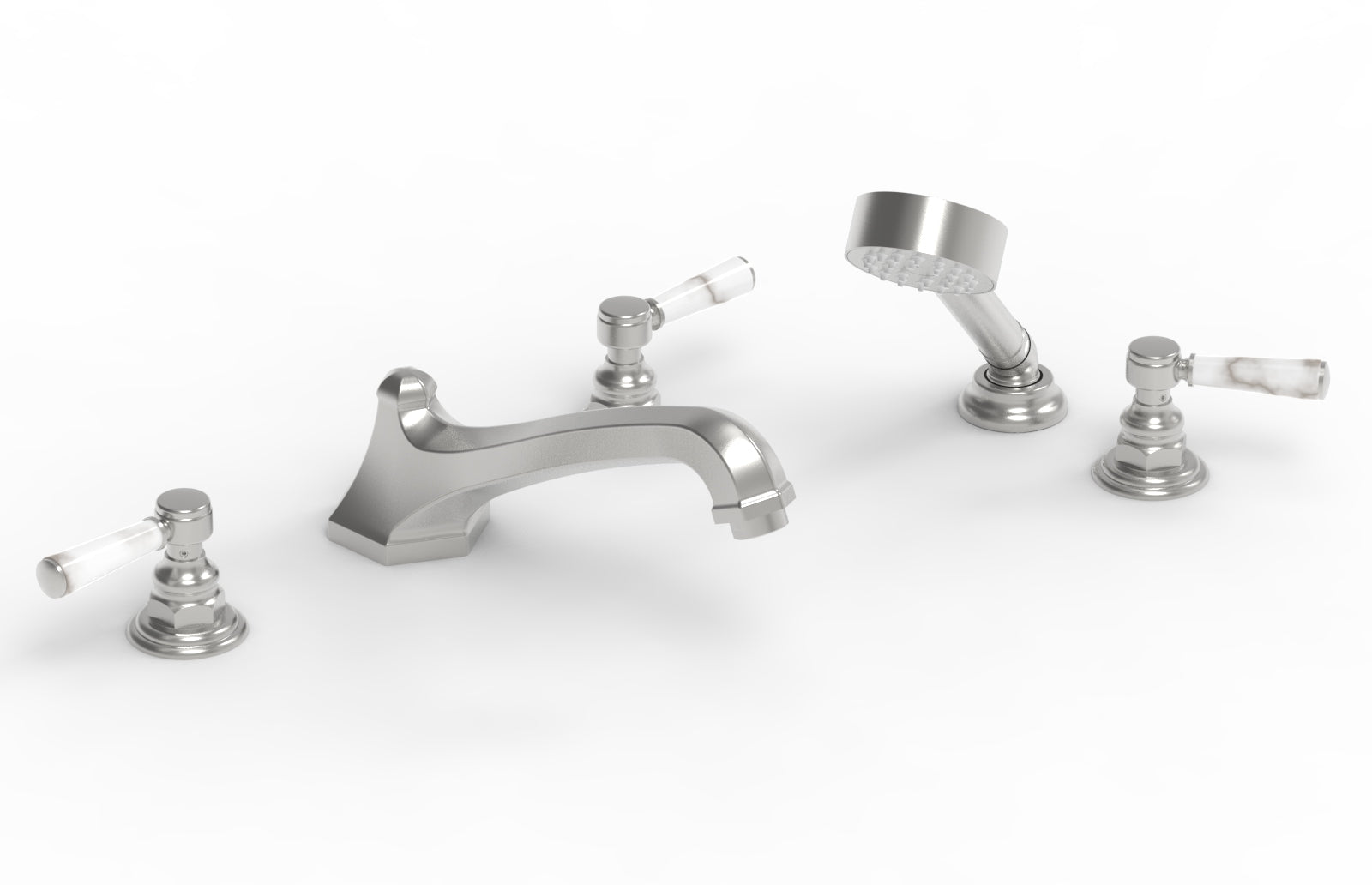 5-1/2" - Satin Chrome - HEX TRADITIONAL Deck Tub Set with Hand Shower - White Marble Lever Handles 500-50 by Phylrich - New York Hardware