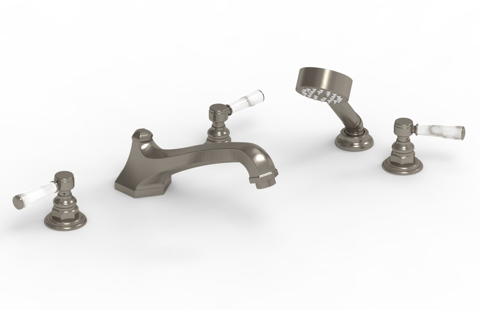 5-1/2" - Pewter - HEX TRADITIONAL Deck Tub Set with Hand Shower - White Marble Lever Handles 500-50 by Phylrich - New York Hardware