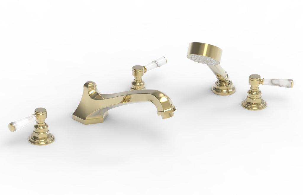 5-1/2" - Polished Brass Uncoated - HEX TRADITIONAL Deck Tub Set with Hand Shower - White Marble Lever Handles 500-50 by Phylrich - New York Hardware