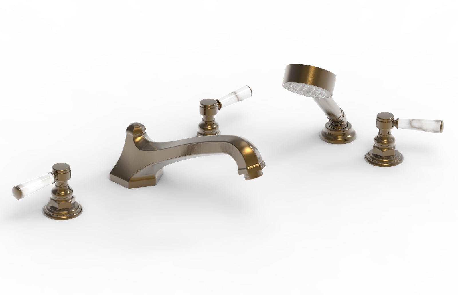 5-1/2" - Antique Brass - HEX TRADITIONAL Deck Tub Set with Hand Shower - White Marble Lever Handles 500-50 by Phylrich - New York Hardware