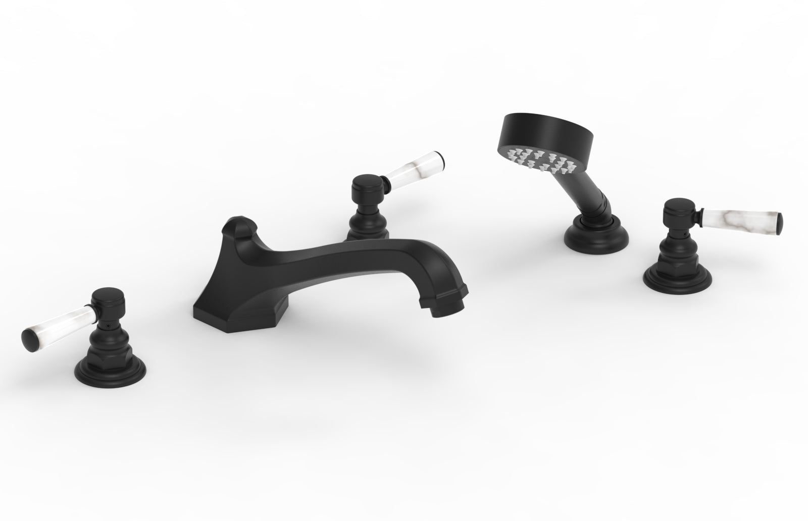 5-1/2" - Matte Black - HEX TRADITIONAL Deck Tub Set with Hand Shower - White Marble Lever Handles 500-50 by Phylrich - New York Hardware