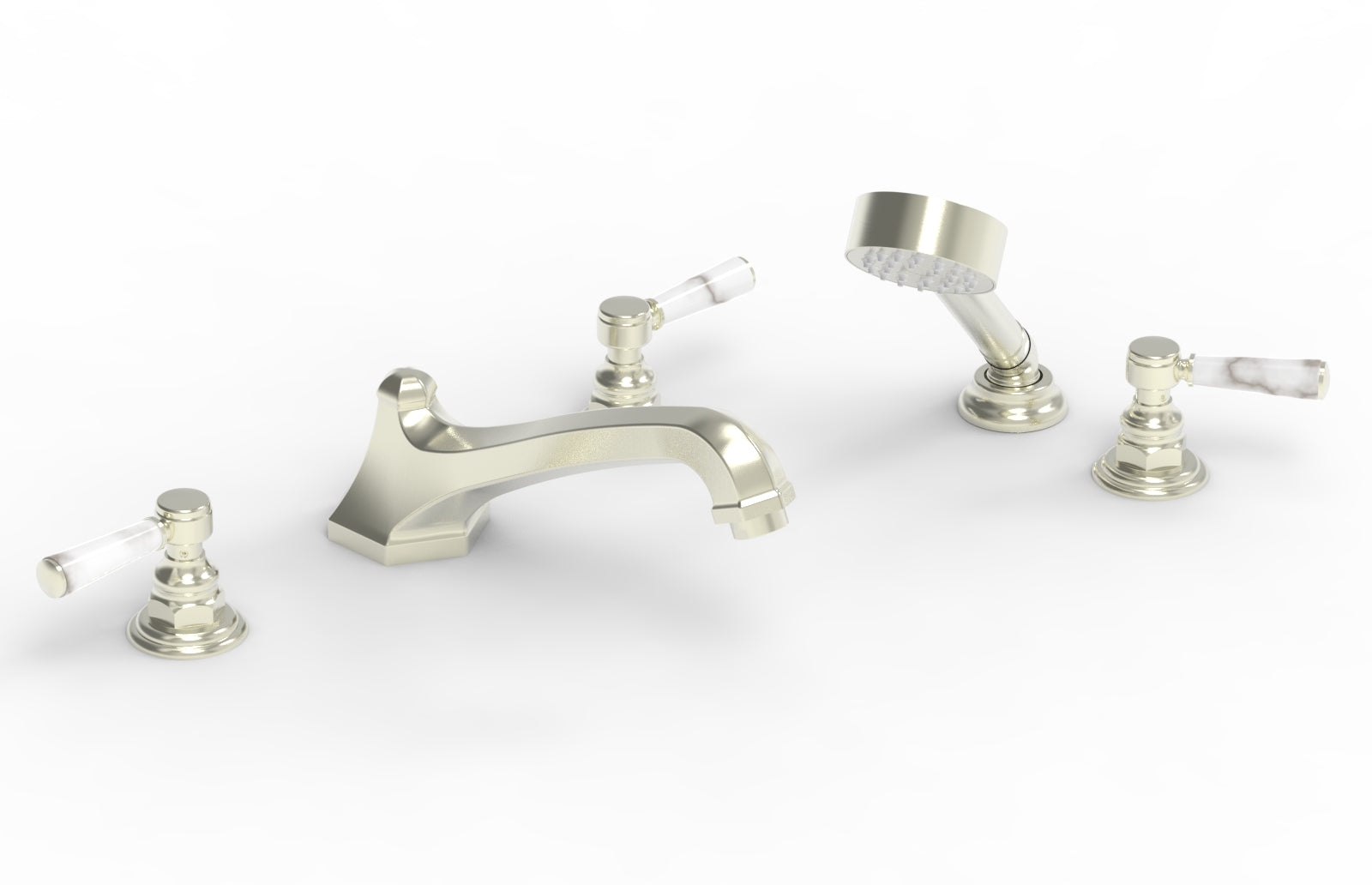 5-1/2" - Satin Nickel - HEX TRADITIONAL Deck Tub Set with Hand Shower - White Marble Lever Handles 500-50 by Phylrich - New York Hardware
