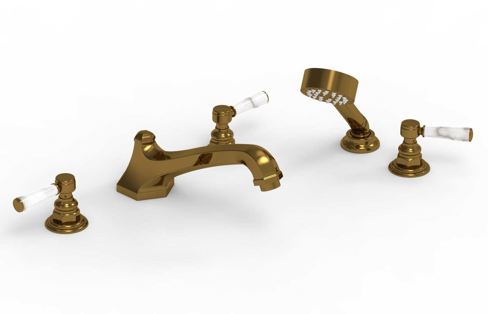 5-1/2" - French Brass - HEX TRADITIONAL Deck Tub Set with Hand Shower - White Marble Lever Handles 500-50 by Phylrich - New York Hardware