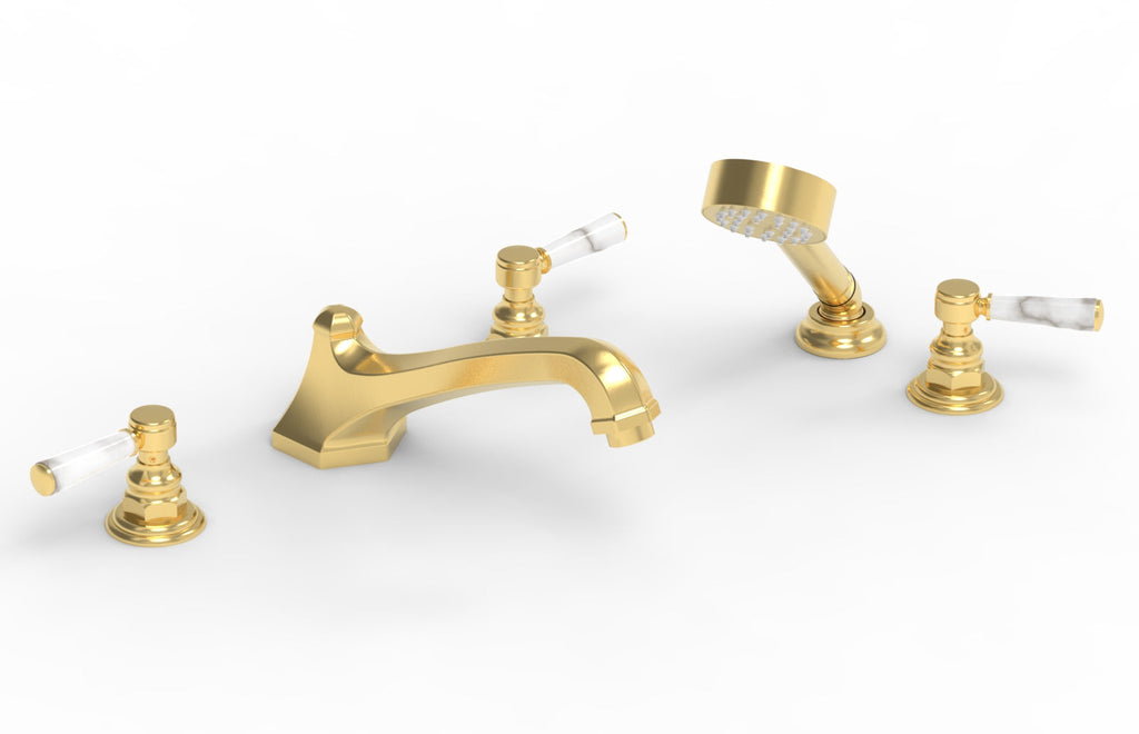 5-1/2" - Satin Gold - HEX TRADITIONAL Deck Tub Set with Hand Shower - White Marble Lever Handles 500-50 by Phylrich - New York Hardware