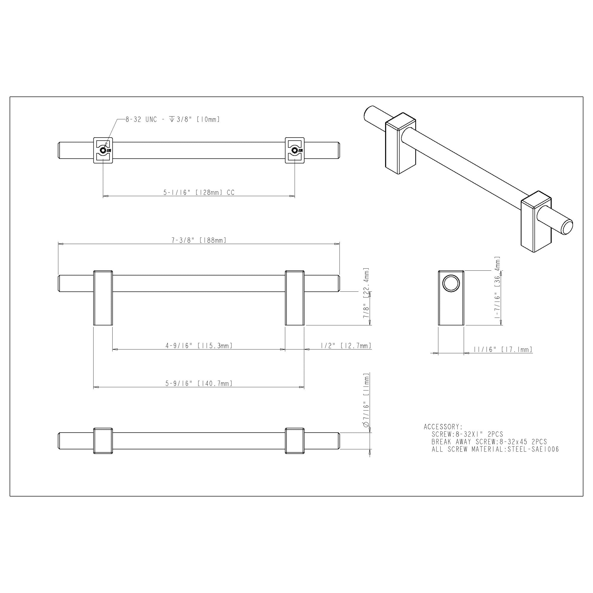 Jeffrey Alexander Spencer Cabinet Bar Pull Matte Black / 128 mm