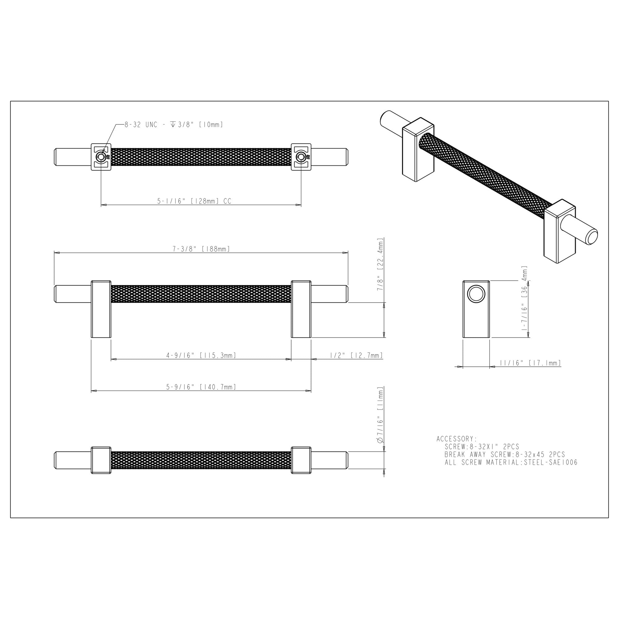 Jeffrey Alexander Larkin Knurled Center Cabinet Bar Pull Matte Black / 128 mm