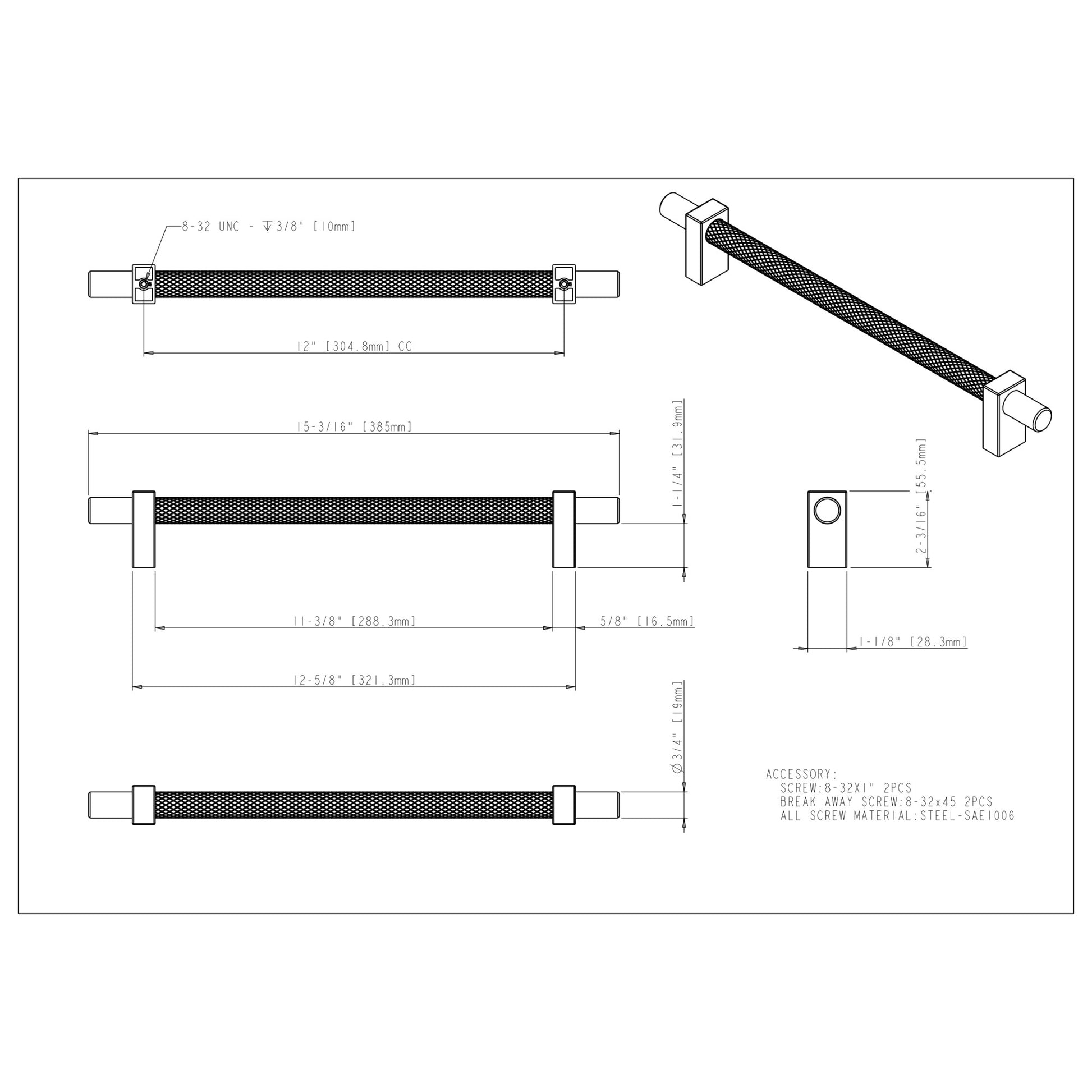 Jeffrey Alexander Larkin Knurled Center Appliance Handle Matte Black / 12"
