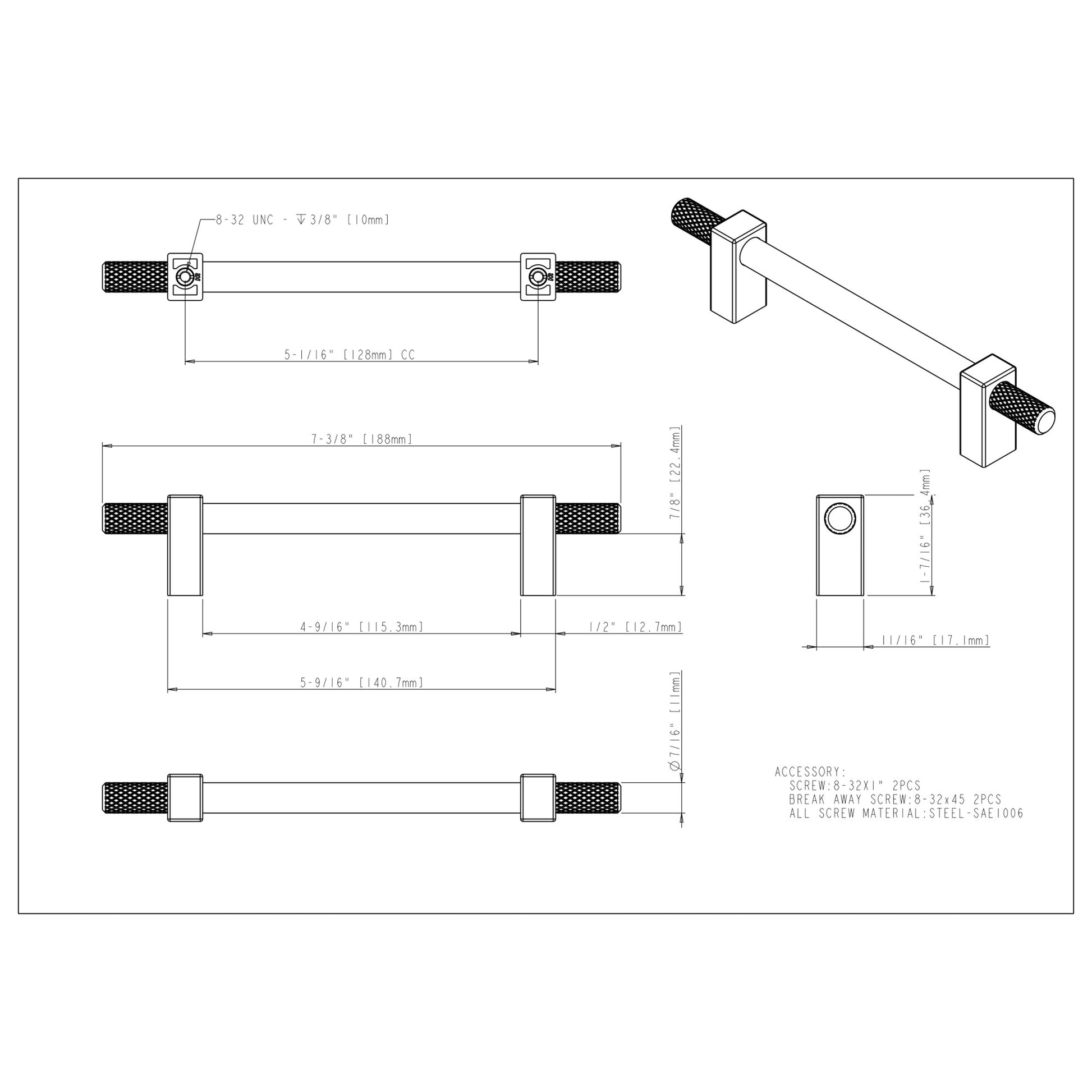 Jeffrey Alexander Larkin Knurled Ends Cabinet Bar Pull Matte Black / 128 mm