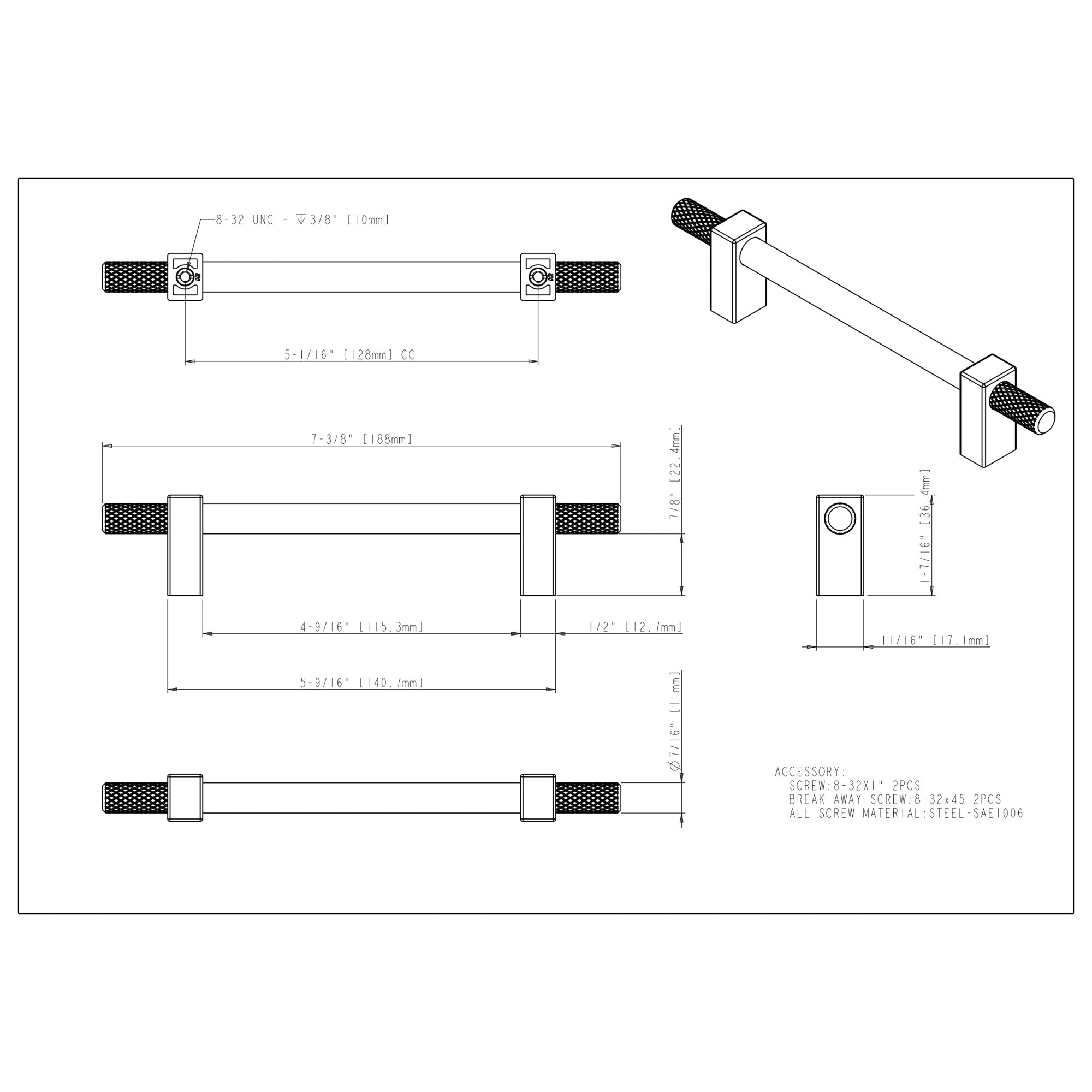 Jeffrey Alexander Larkin Knurled Ends Cabinet Bar Pull Matte Black / 128 mm