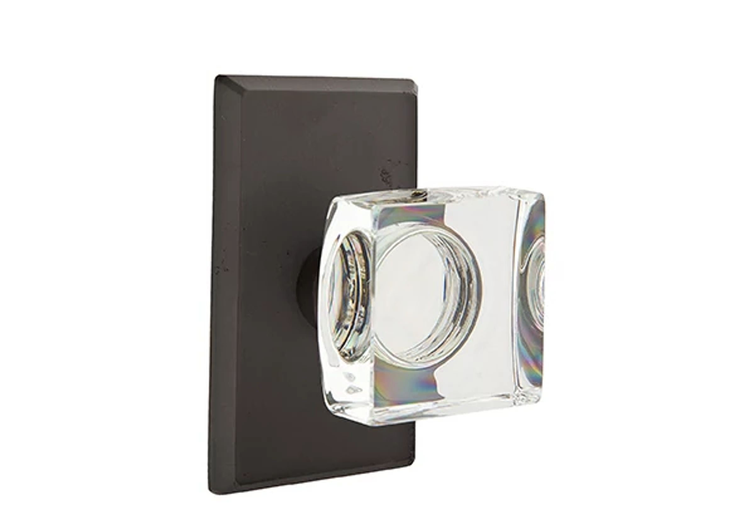 Emtek Concealed Fastener Modern Square Glass Knob Set with Sandcast Bronze #3 Rosette