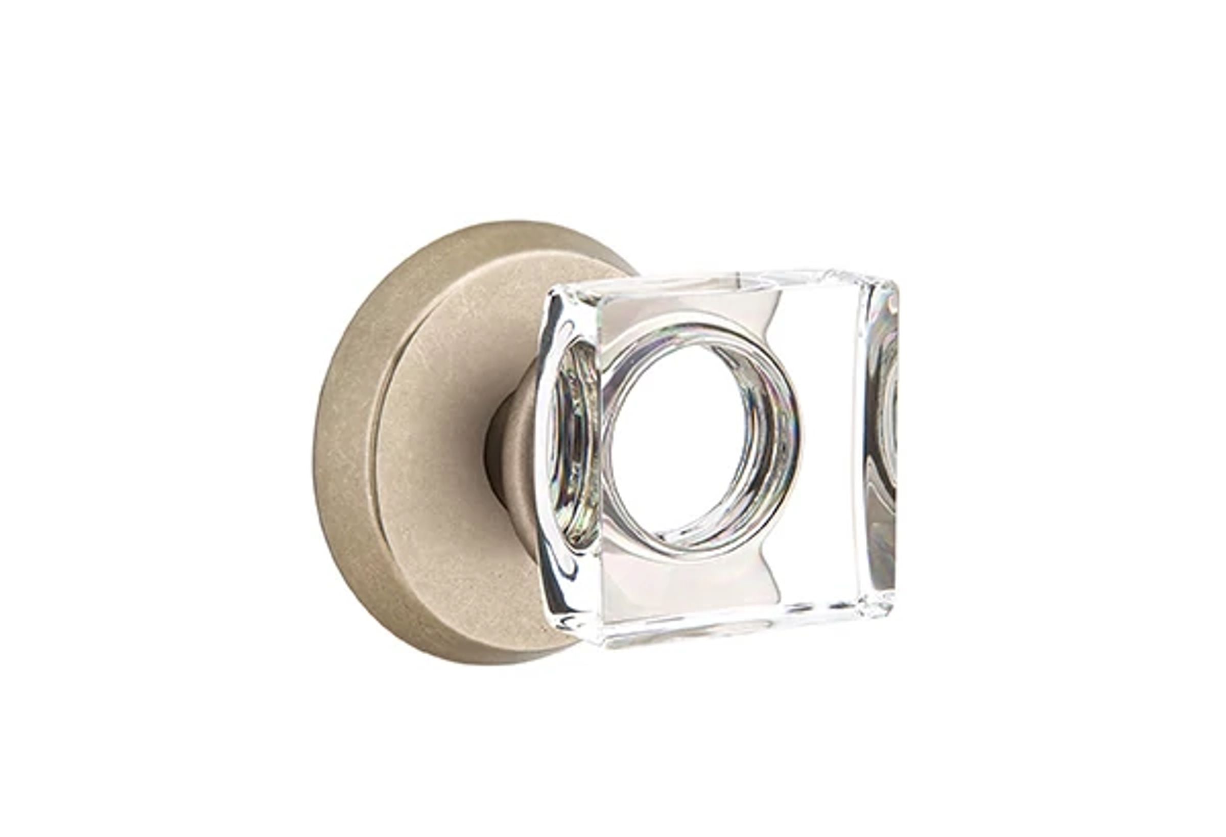 Emtek Concealed Fastener Modern Square Glass Knob Set with Sandcast Bronze #2 Rosette
