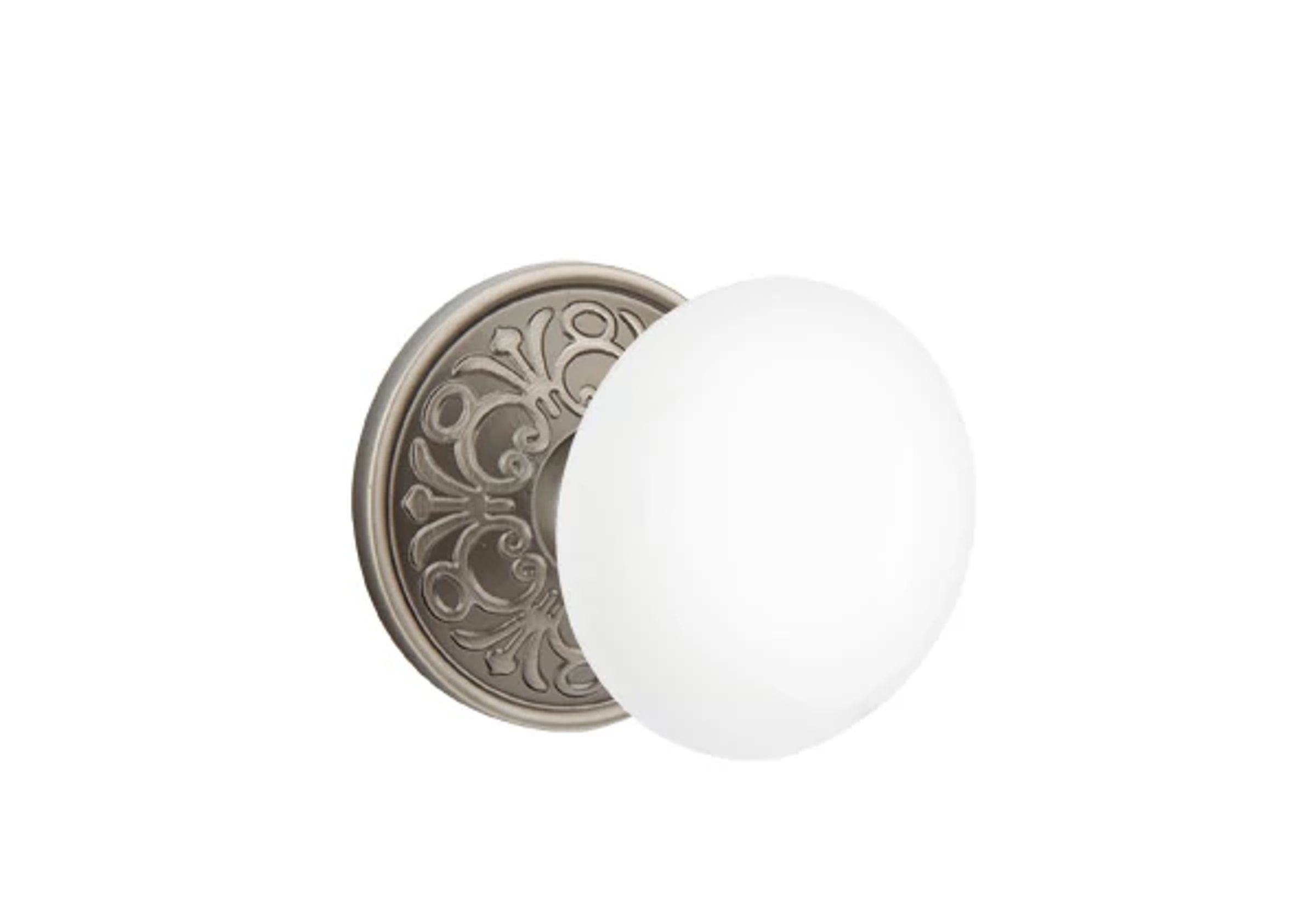 Emtek Concealed Fastener Ice White Porcelain Knob Set with Lancaster Rosette