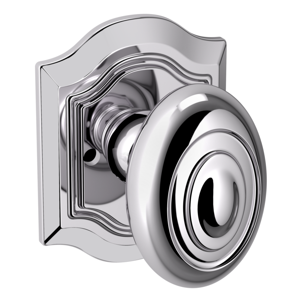 Baldwin 5077 Bethpage Knob Set with R027 Rose Polished Chrome / Privacy / Reversible