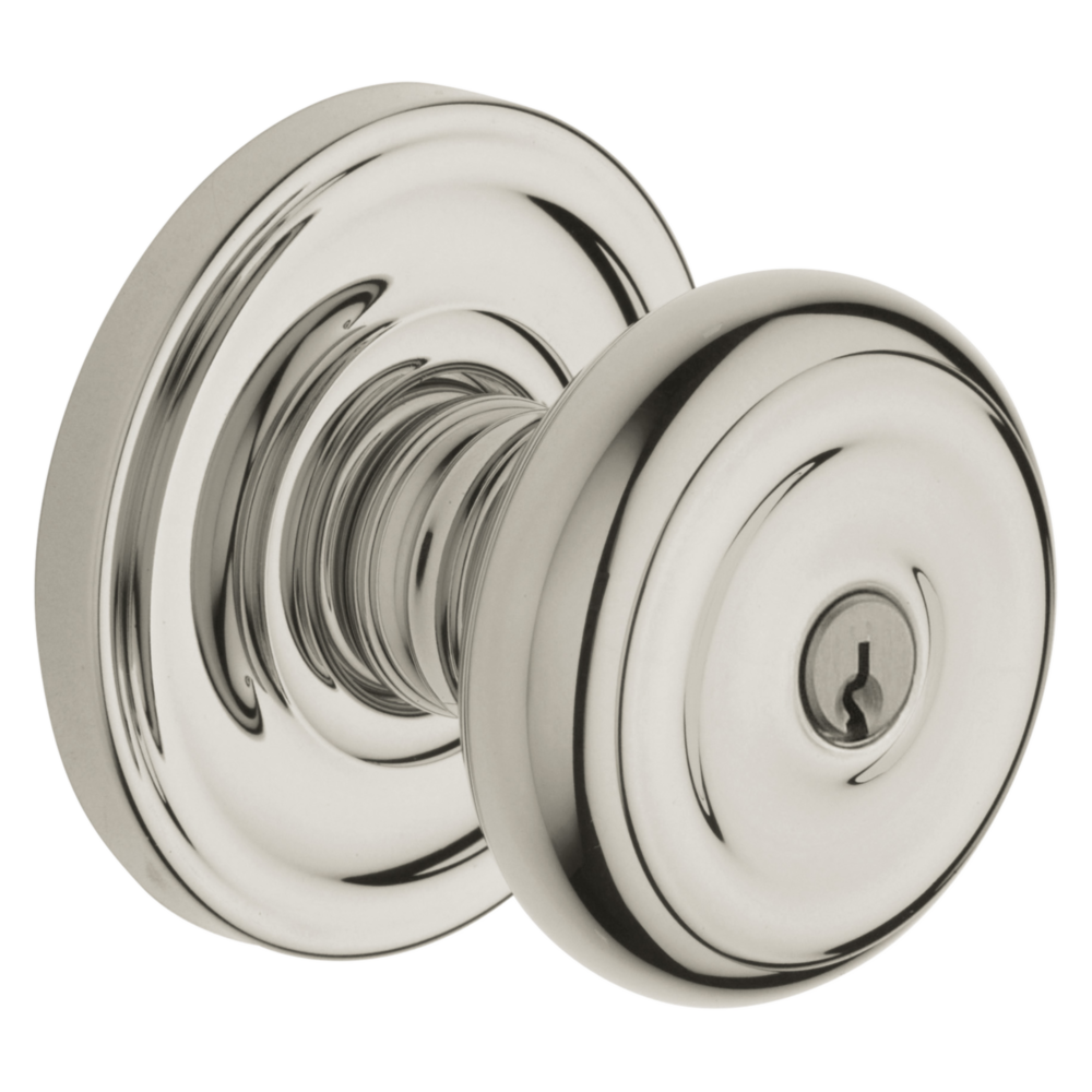 Baldwin Keyed Colonial Knob Set with Classic Rose Lifetime (PVD) Polished Nickel / Entry / Reversible