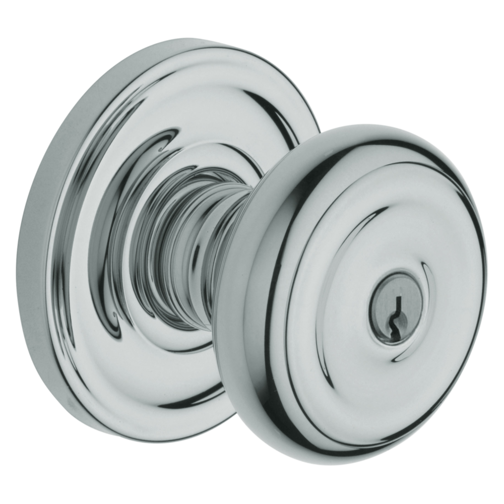 Baldwin Keyed Colonial Knob Set with Classic Rose Polished Chrome / Entry / Reversible